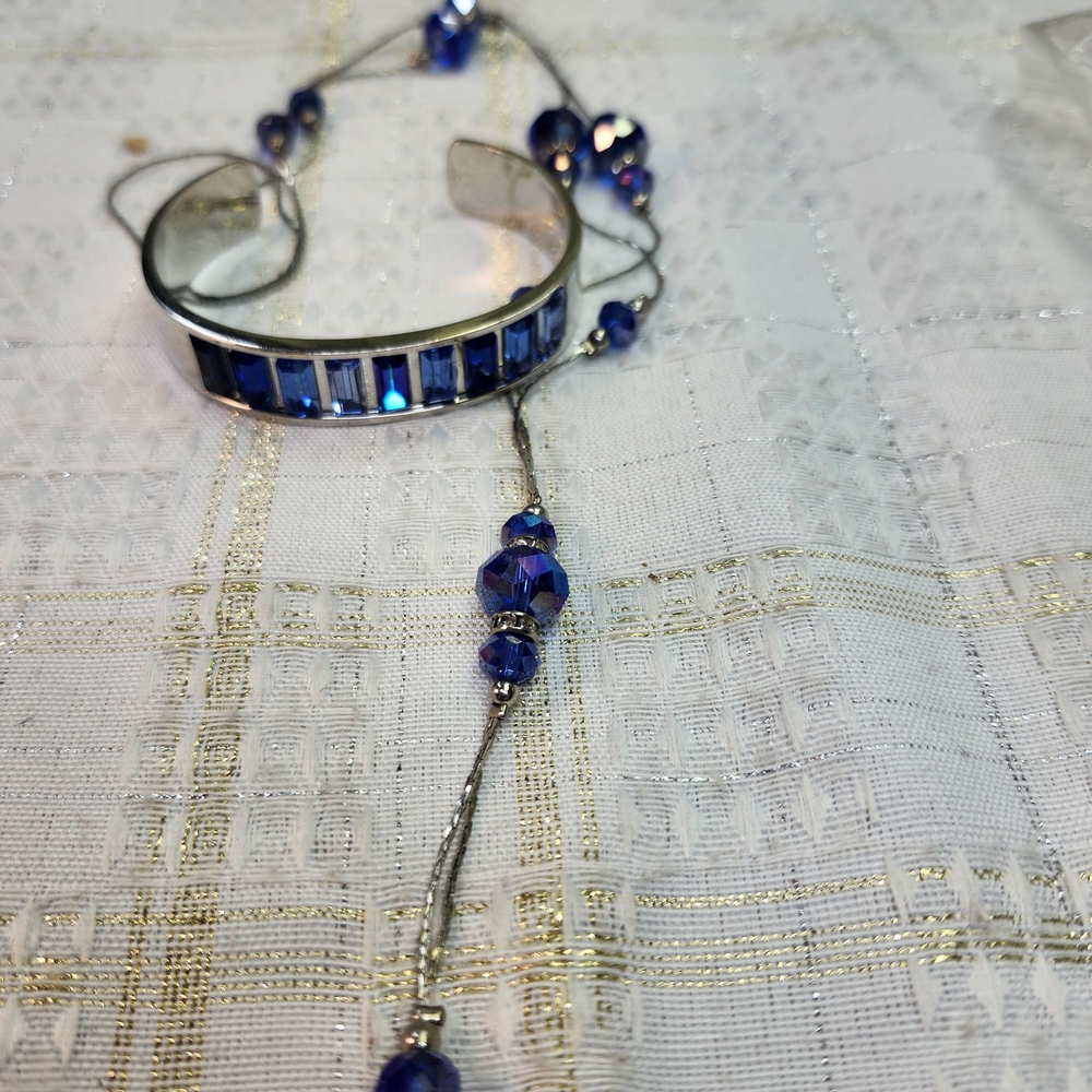 Source Unknown Blue Crystal Cuff Necklace -and Braclet Deep Sapphire Accents